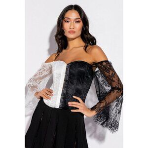 AKIRA Dreamy Off The Shoulder Lace Corseted Blouse in Black/White